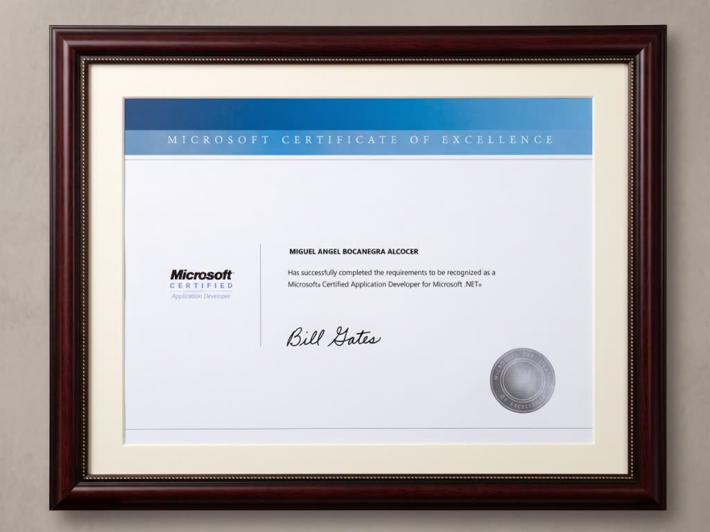 Microsoft Certificate of Excellence — Miguel Angel Bocanegra Alcocer, Microsoft Certified Application Developer para .NET