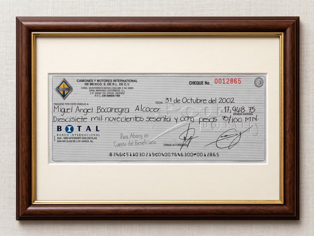 Cheque enmarcado de Camiones y Motores International de México a Miguel Angel Bocanegra Alcocer, 31 de octubre de 2002